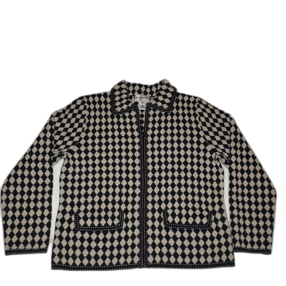 PENDLETON Vintage Womens FULL ZIP Wool Jacket Large Tan Black Houndstooth